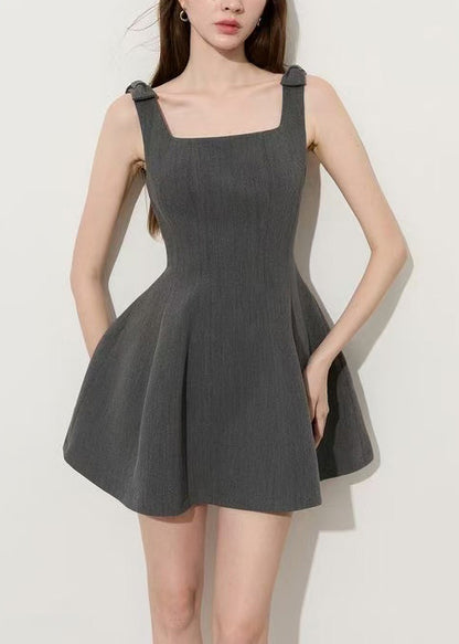 Natural Grey Square Collar Bow Cotton Mini Dress Summer
