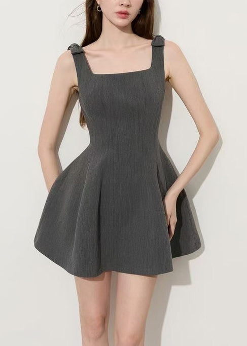 Natural Grey Square Collar Bow Cotton Mini Dress Summer