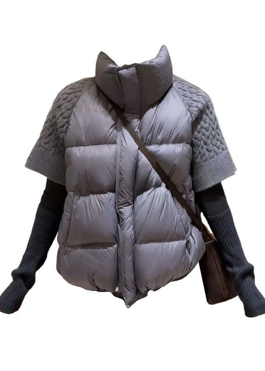 Natural Grey Stand Collar Patchwork Knit Puffers Vests Short Sleeve