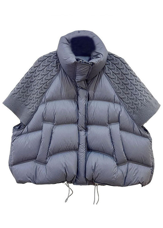 Natural Grey Stand Collar Patchwork Knit Puffers Vests Short Sleeve