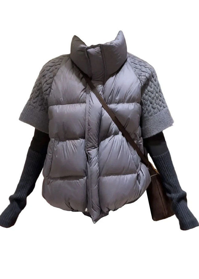 Natural Grey Stand Collar Patchwork Knit Puffers Vests Short Sleeve