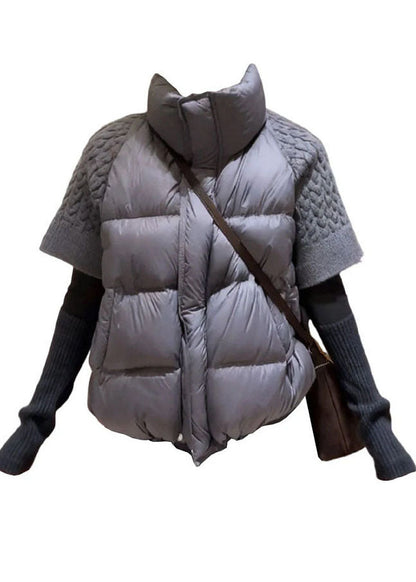 Natural Grey Stand Collar Patchwork Knit Puffers Vests Short Sleeve
