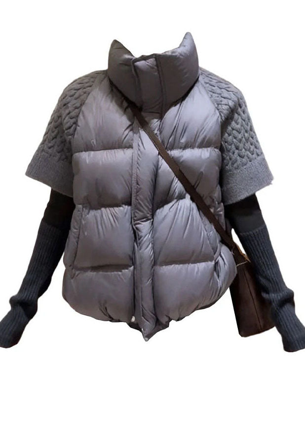 Natural Grey Stand Collar Patchwork Knit Puffers Vests Short Sleeve