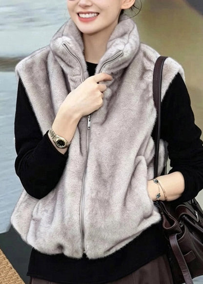 Natural Grey Stand Collar Zippered Mink Hair Waistcoat Sleeveless