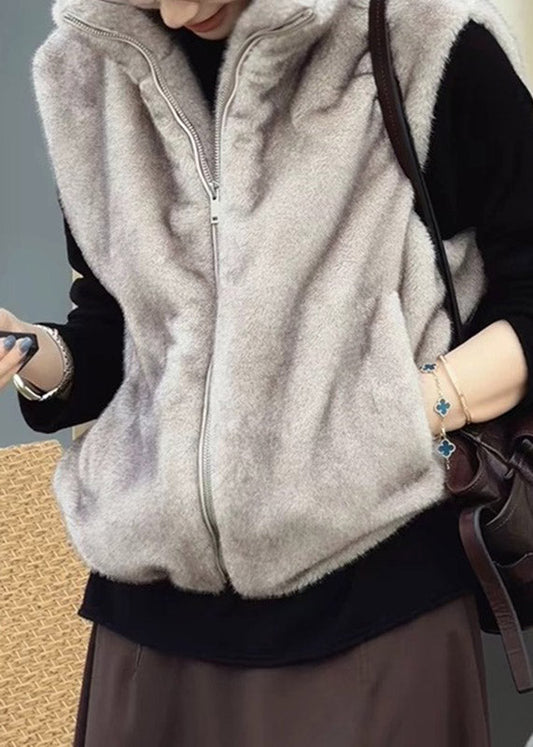 Natural Grey Stand Collar Zippered Mink Hair Waistcoat Sleeveless