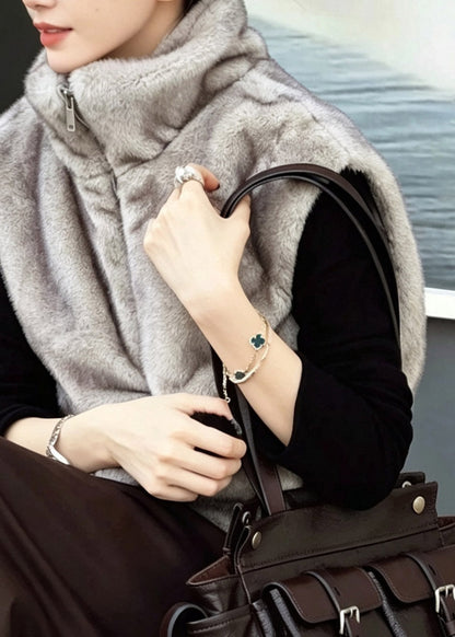 Natural Grey Stand Collar Zippered Mink Hair Waistcoat Sleeveless