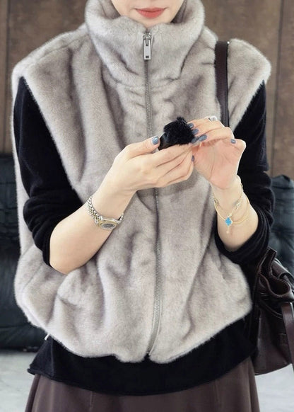 Natural Grey Stand Collar Zippered Mink Hair Waistcoat Sleeveless
