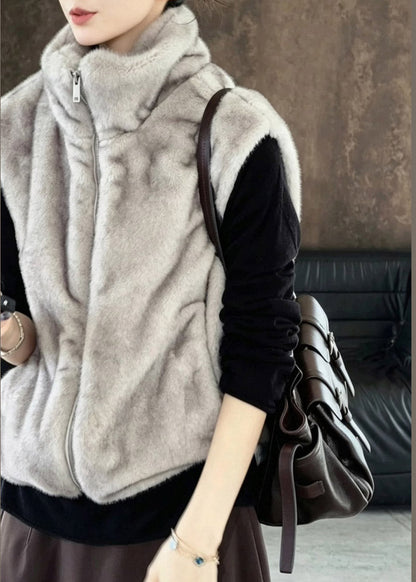 Natural Grey Stand Collar Zippered Mink Hair Waistcoat Sleeveless