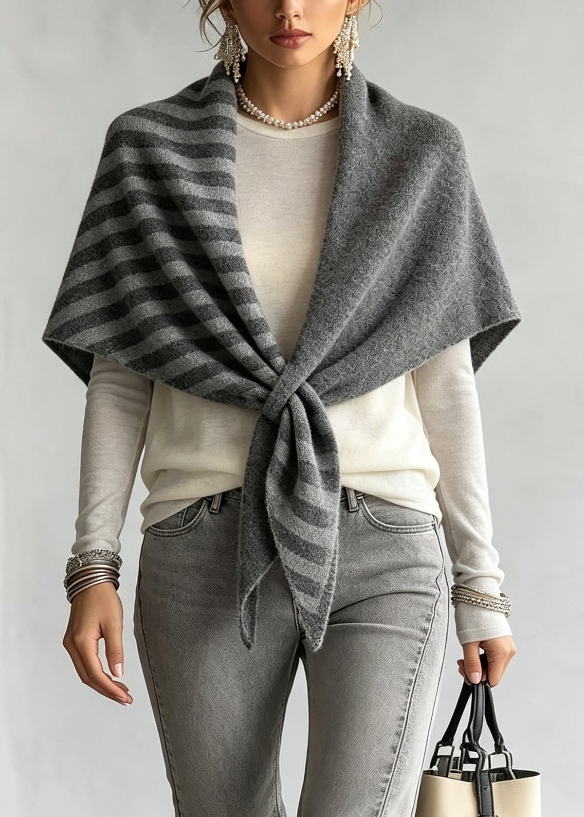 Natural Grey Striped Patchwork Wool Cape Fall