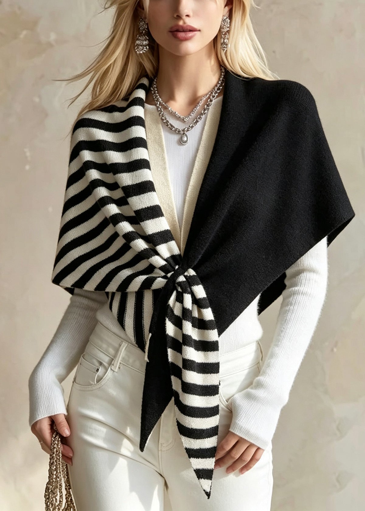 Natural Grey Striped Patchwork Wool Cape Fall