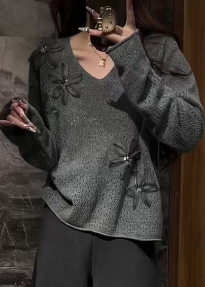Natural Grey V Neck Floral Cozy Cotton Knit Sweater Spring