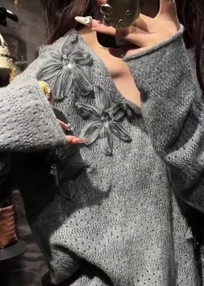 Natural Grey V Neck Floral Cozy Cotton Knit Sweater Spring