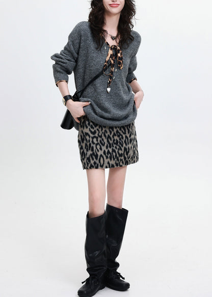 Natural Grey V Neck Oversized Knit Sweaters Winter