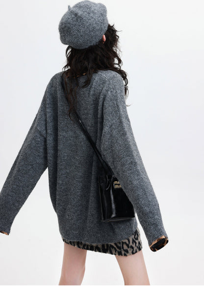 Natural Grey V Neck Oversized Knit Sweaters Winter