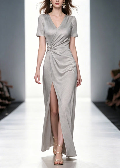 Natural Grey V Neck Wrinkled Solid Long Dresses Summer