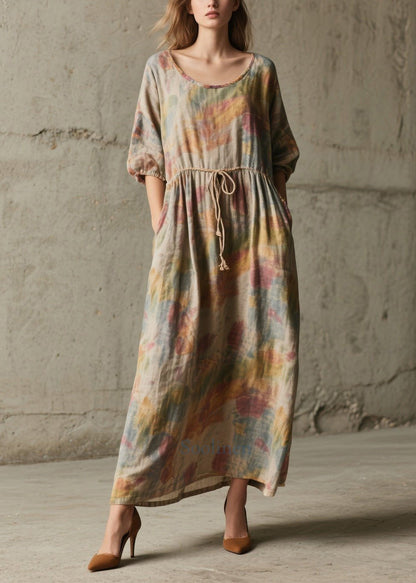 Natural Khaki Cinched Print Cotton Robe Dresses Half Sleeve