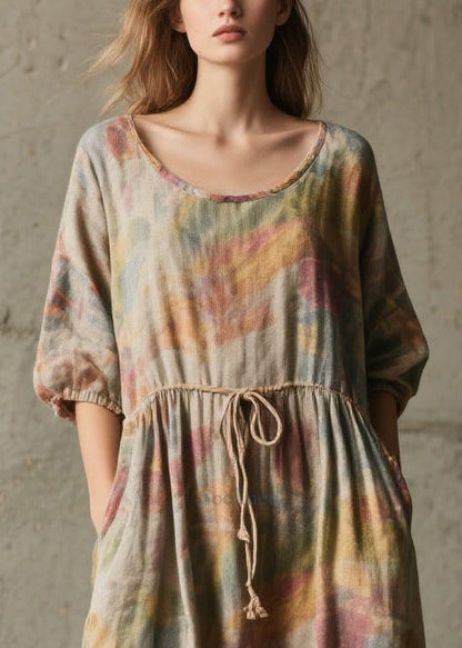 Natural Khaki Cinched Print Cotton Robe Dresses Half Sleeve