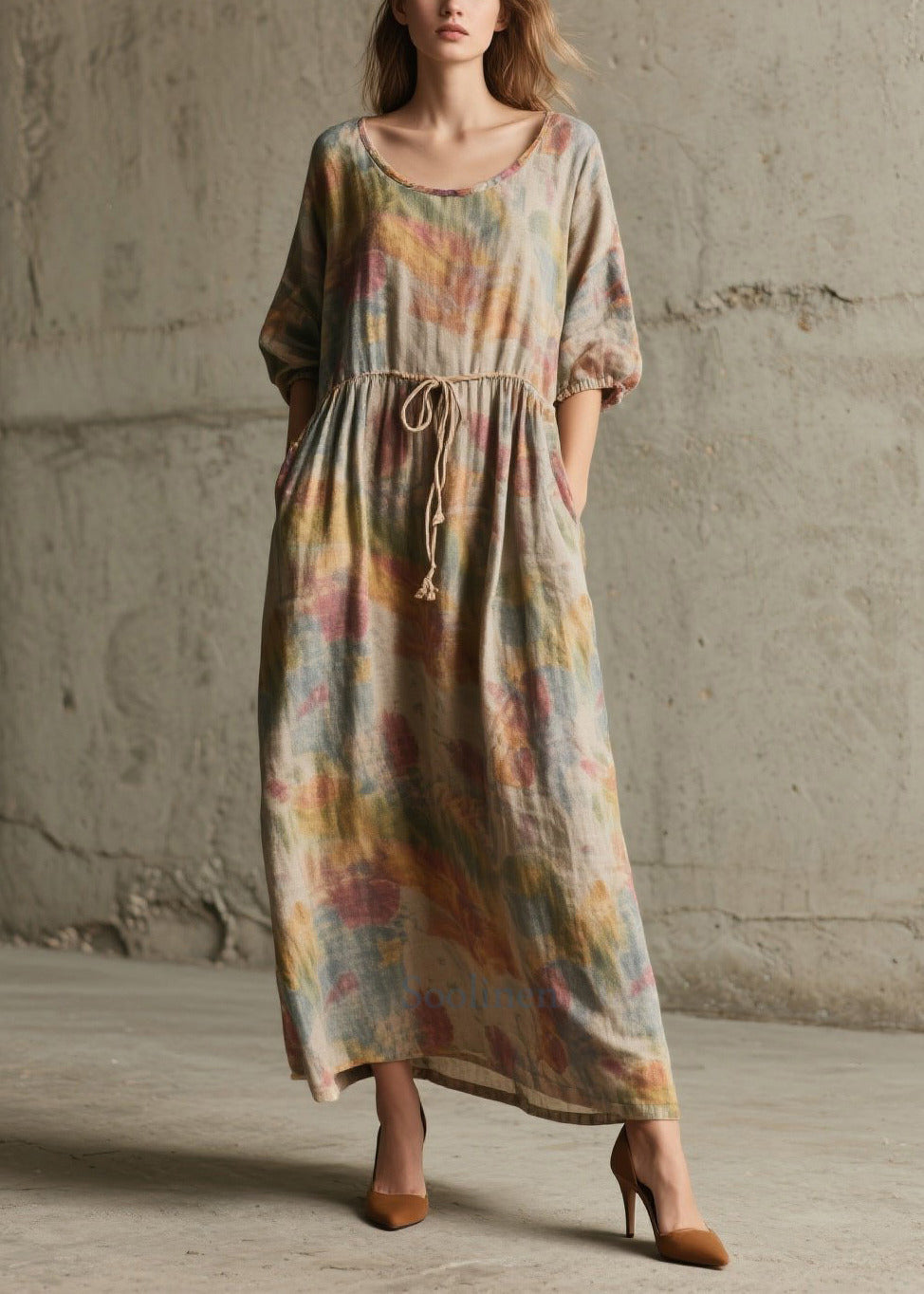 Natural Khaki Cinched Print Cotton Robe Dresses Half Sleeve