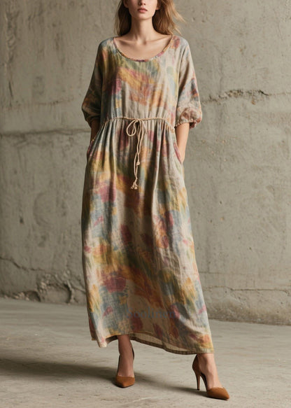 Natural Khaki Cinched Print Cotton Robe Dresses Half Sleeve