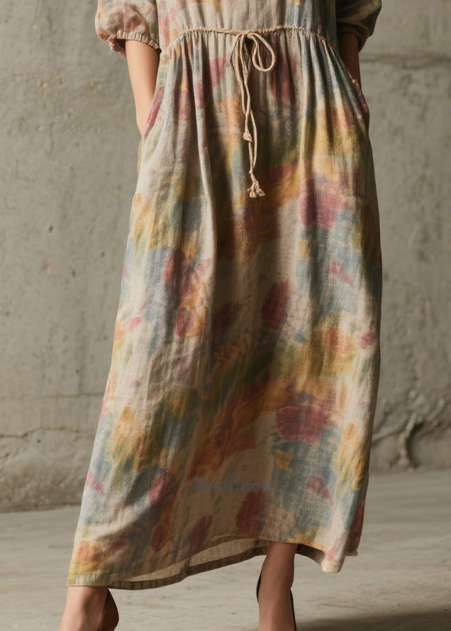 Natural Khaki Cinched Print Cotton Robe Dresses Half Sleeve