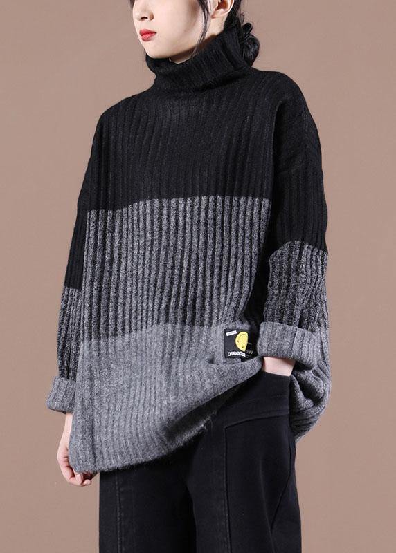 Natural Khaki Colorblock High neck Fall Knit Sweater - SooLinen