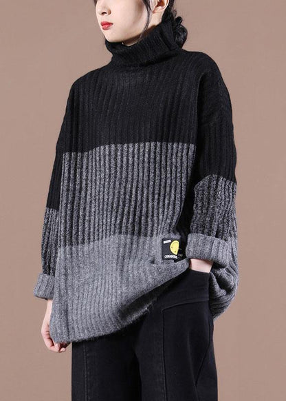 Natural Khaki Colorblock High neck Fall Knit Sweater - SooLinen