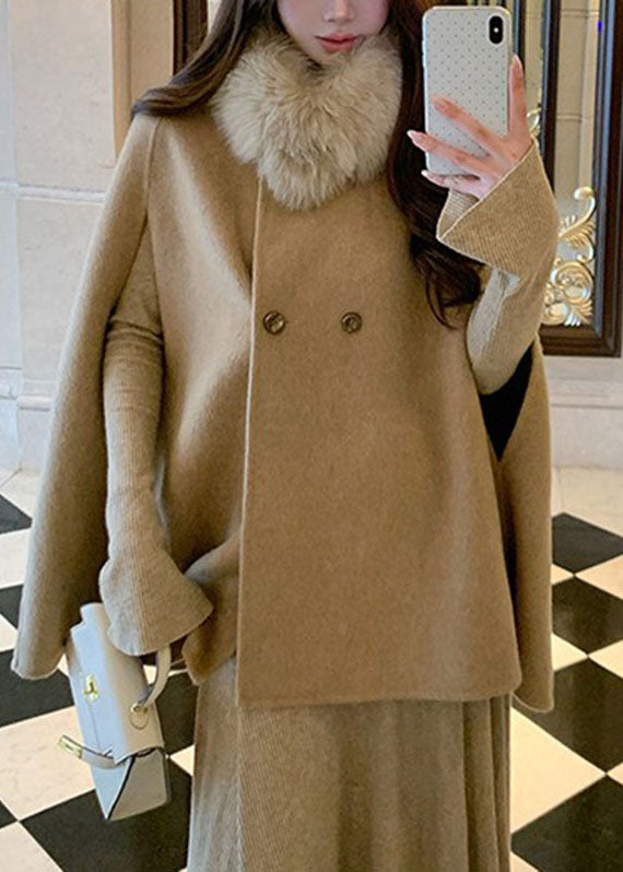 Natural Khaki Fox Collar Patchwork Woolen Coats Cloak Sleeve