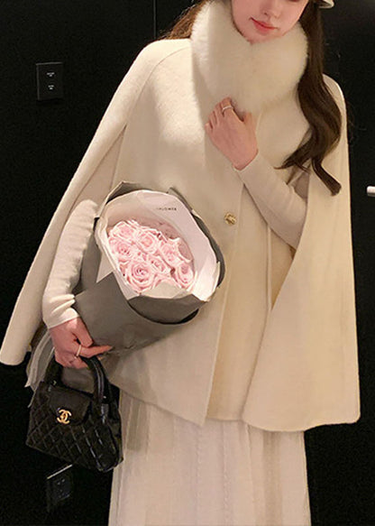 Natural Khaki Fox Collar Patchwork Woolen Coats Cloak Sleeve