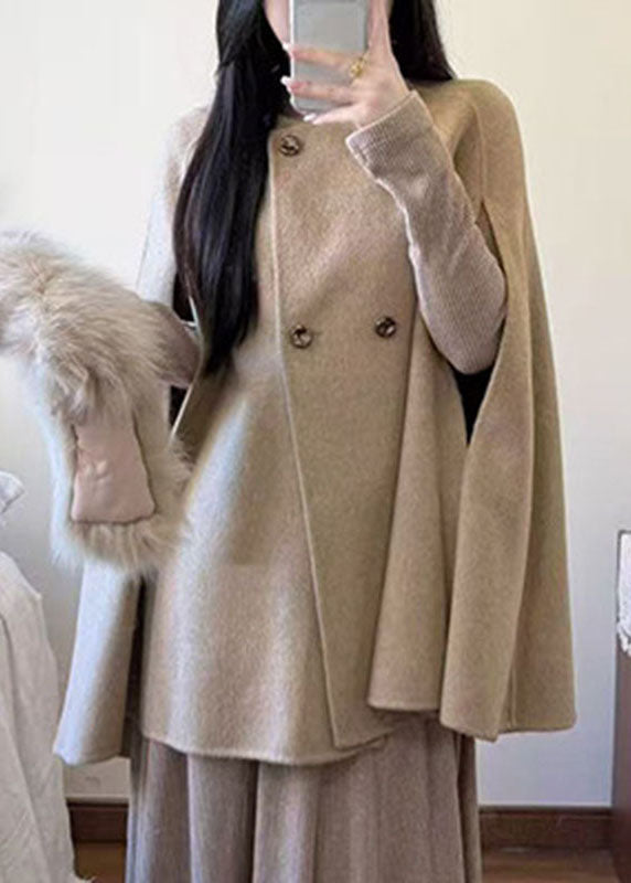 Natural Khaki Fox Collar Patchwork Woolen Coats Cloak Sleeve