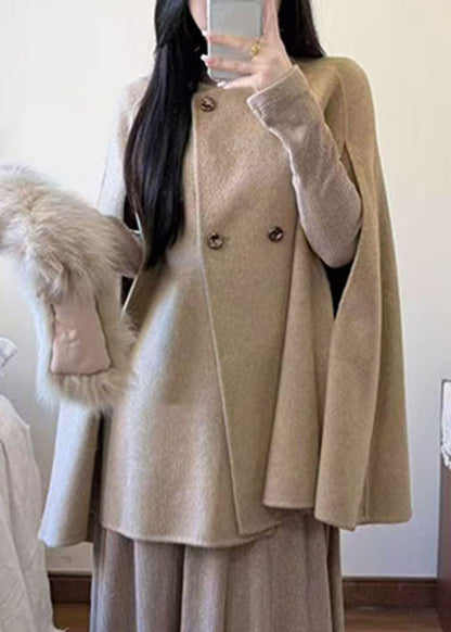 Natural Khaki Fox Collar Patchwork Woolen Coats Cloak Sleeve