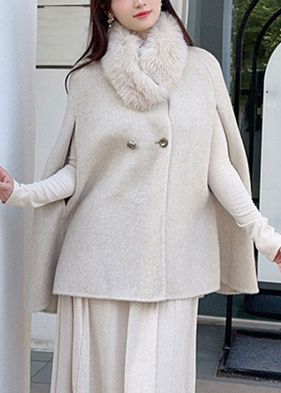 Natural Khaki Fox Collar Patchwork Woolen Coats Cloak Sleeve
