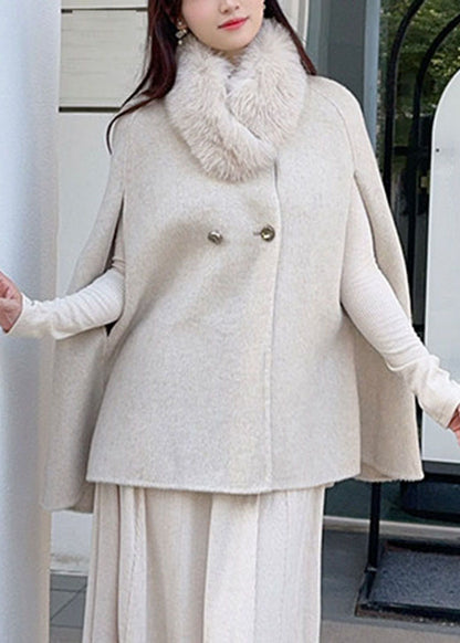 Natural Khaki Fox Collar Patchwork Woolen Coats Cloak Sleeve