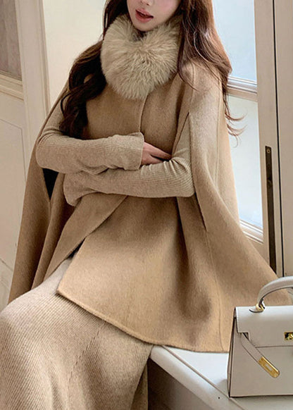 Natural Khaki Fox Collar Patchwork Woolen Coats Cloak Sleeve