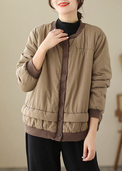 Natural Khaki O-Neck Patchwork Parka Winter