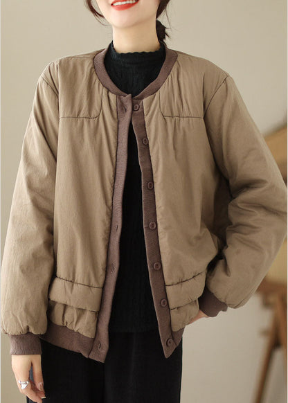 Natural Khaki O-Neck Patchwork Parka Winter