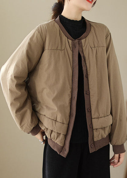 Natural Khaki O-Neck Patchwork Parka Winter