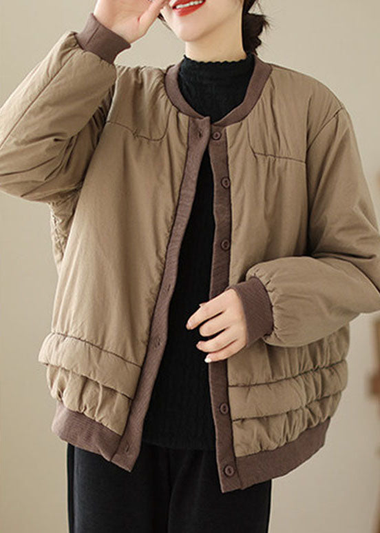 Natural Khaki O-Neck Patchwork Parka Winter