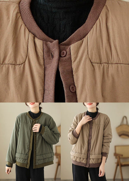Natural Khaki O-Neck Patchwork Parka Winter