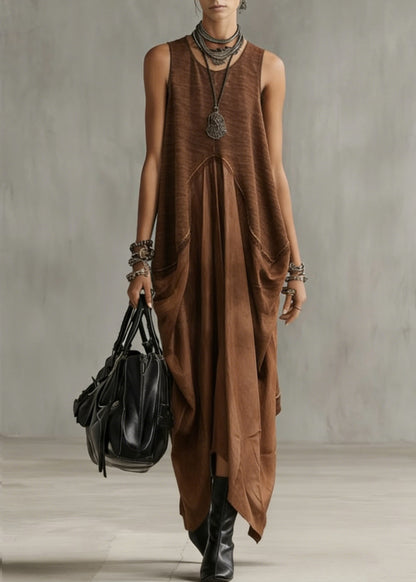 Natural Khaki O-Neck Patchwork Solid Long Dress Summer