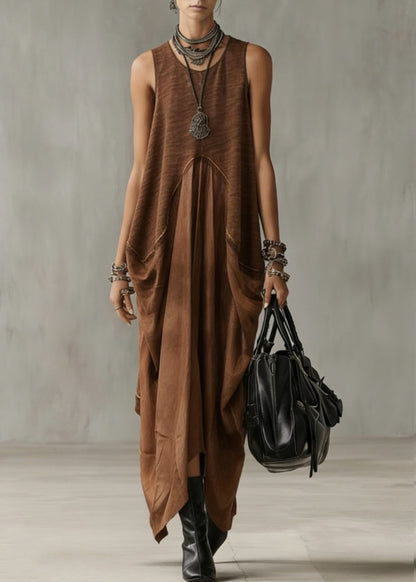 Natural Khaki O-Neck Patchwork Solid Long Dress Summer