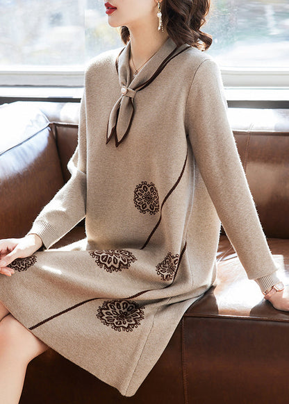 Natural Khaki Peter Pan Collar Cotton Knit Long weater Dress Spring