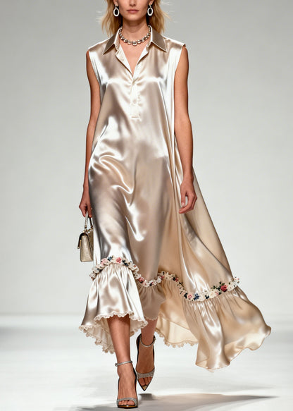Natural Khaki Peter Pan Collar Patchwork Flower Silk Maxi Dress Sleeveless