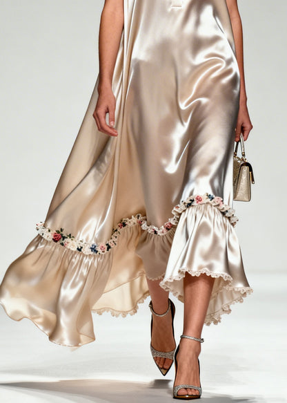Natural Khaki Peter Pan Collar Patchwork Flower Silk Maxi Dress Sleeveless