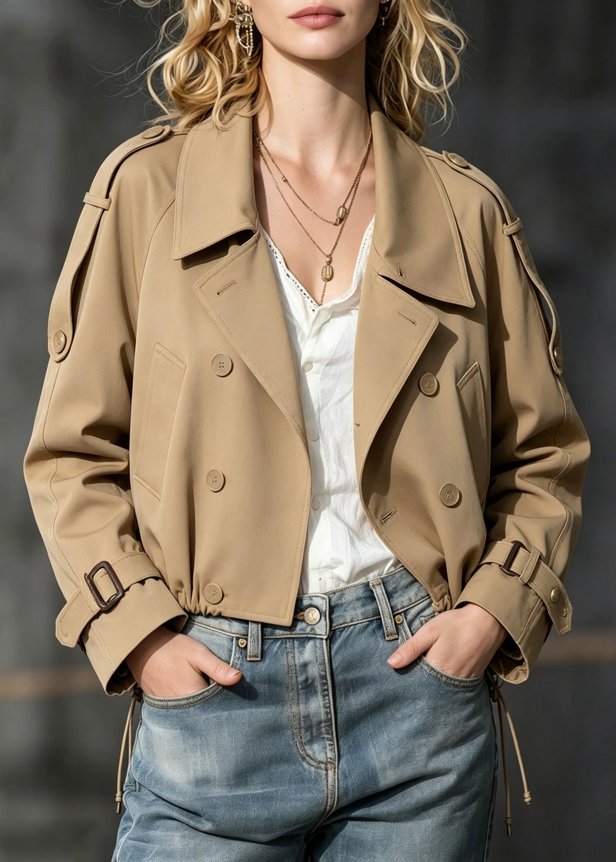 Natural Khaki Peter Pan Collar Patchwork Trench Coat Long Sleeve
