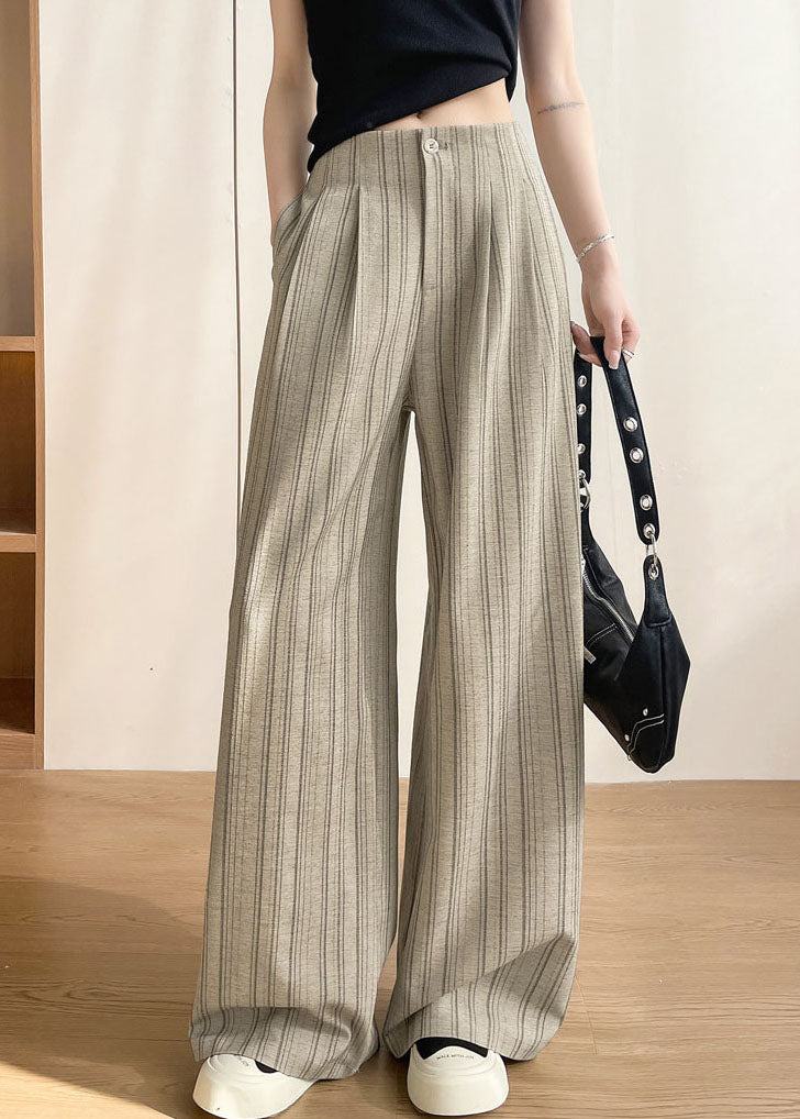Natural Khaki Striped Draping Cotton Wide Leg Pants Fall