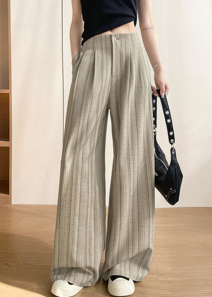 Natural Khaki Striped Draping Cotton Wide Leg Pants Fall