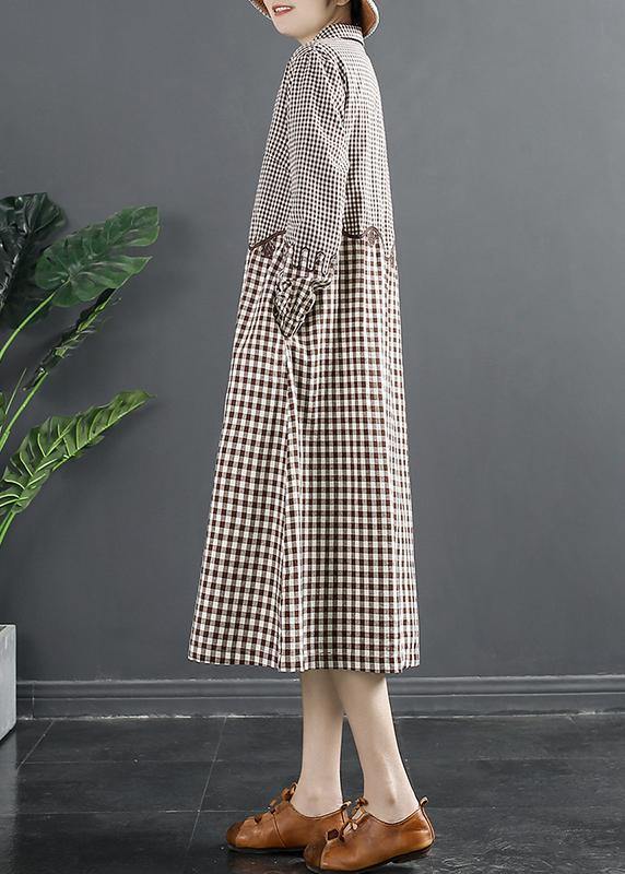 Natural Lapel Patchwork Wardrobes Work Outfits Brown Plaid Maxi Dresses - SooLinen