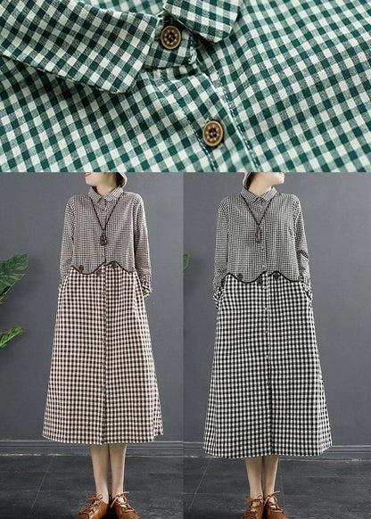 Natural Lapel Patchwork Wardrobes Work Outfits Brown Plaid Maxi Dresses - SooLinen