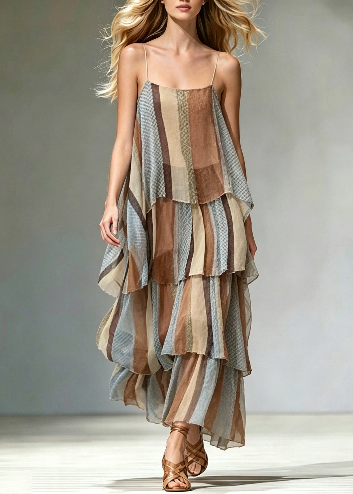 Natural Layered Striped Chiffon Spaghetti Strap Dress Summer