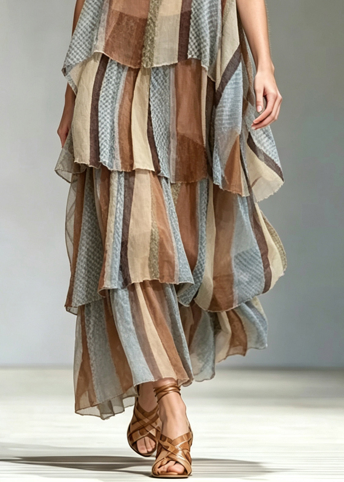 Natural Layered Striped Chiffon Spaghetti Strap Dress Summer